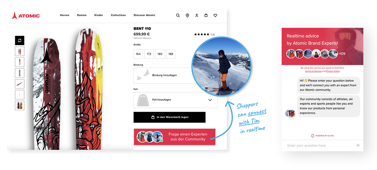 Atomics online store showing a live chat with Atomic skiers that anyone on Atomics online store ca open for customer driven advice