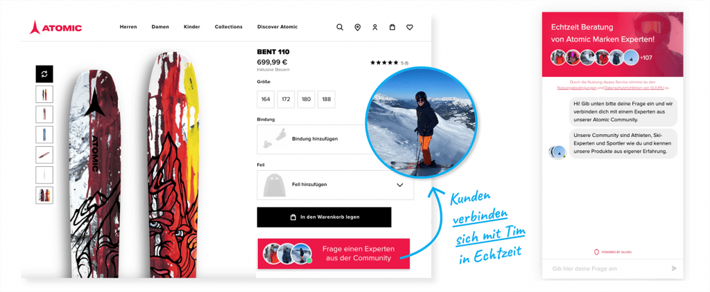 Online-Shop von Atomic zeigt einen Live-Chat mit Atomic-Skifahrern, den jeder im Atomic Online-Shop für kundenorientierte Beratung öffnen kann