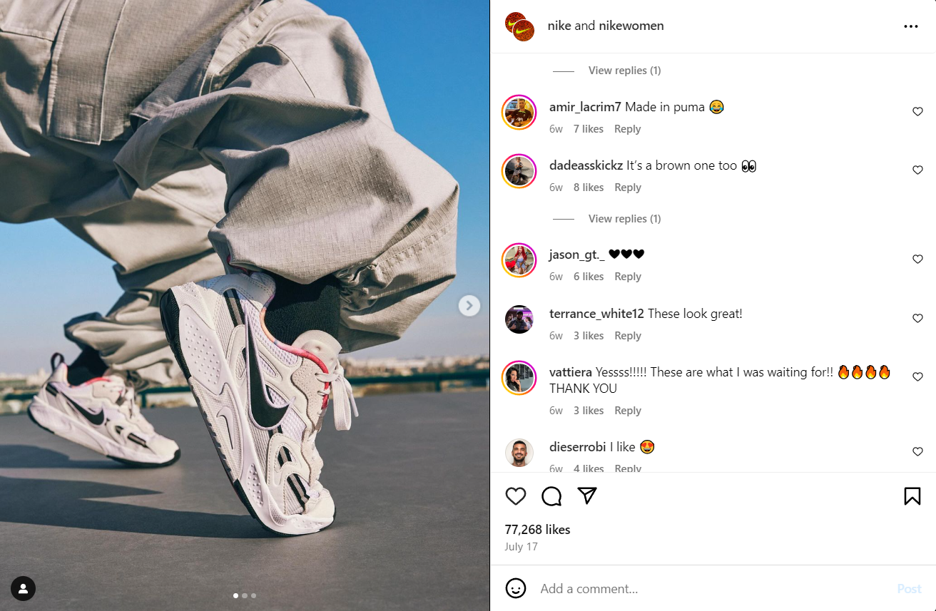 Kommentare von Nike-Fans auf Social Media tragen dazu bei, den sozialen Beweis für seine Produkte zu verstärken.